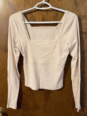 American Eagle Outfitters Light Beige Square Neck Lace-Trim Long Sleeve Top